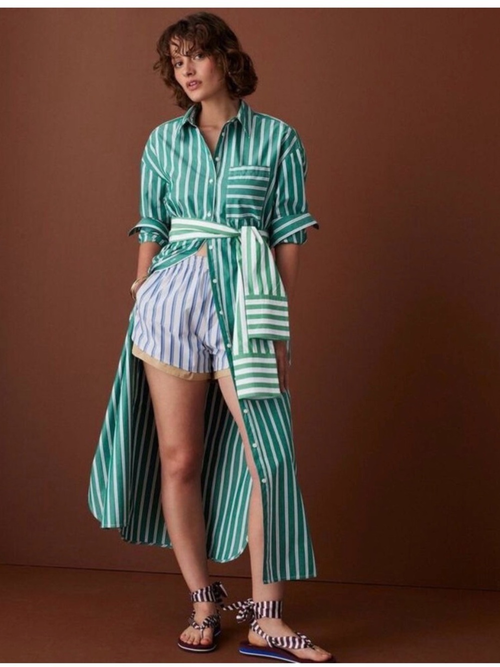 Chic Rosie Assoulin Green and White Striped Maxi Shirt Dress with Belt- medium